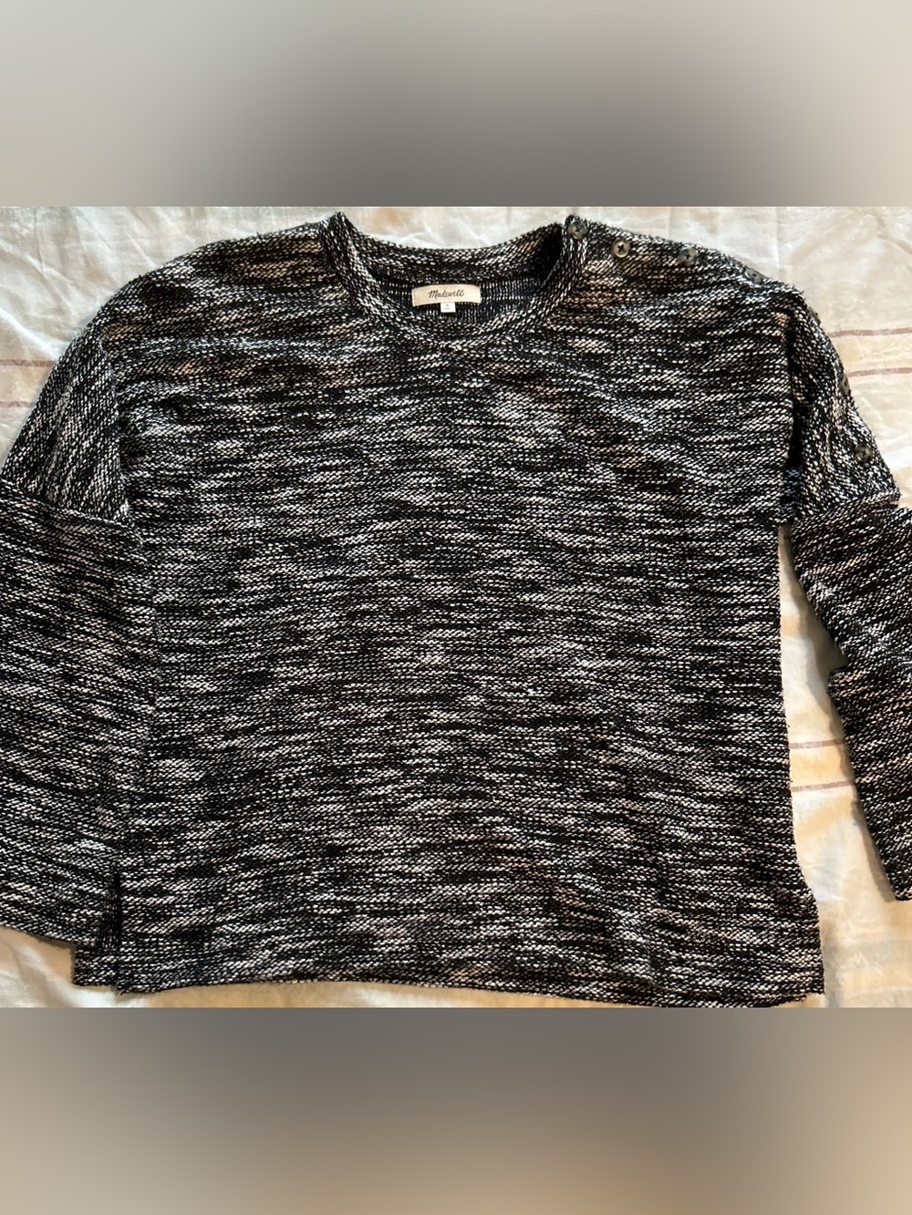 Madewell Women’s Marled Black & White Knit Crewneck Sweater Button Details S